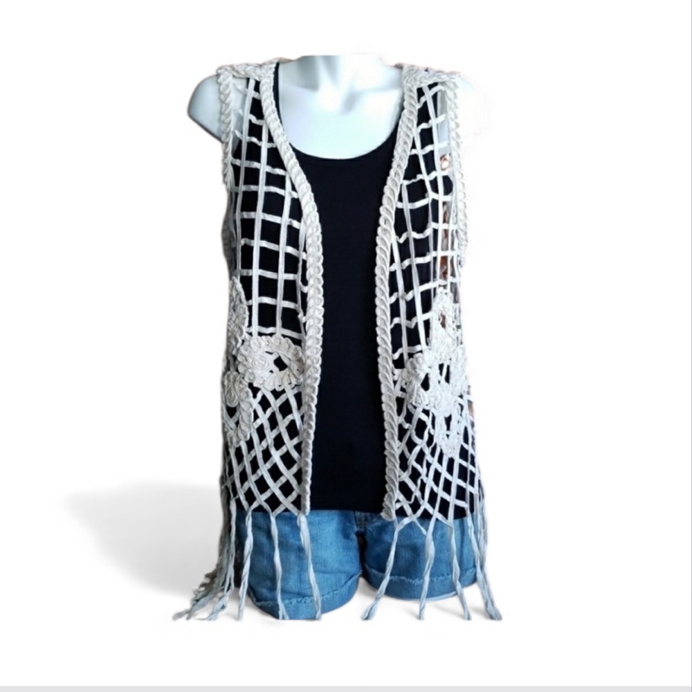 Cato Unique Cream Fringe & Crochet Boho Chic Vest•XL - Picture 3 of 17